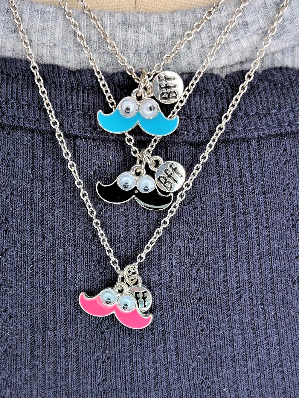 Claire's Mustache BFF 3 Necklace Set in Silver & Blue, Pink & Black